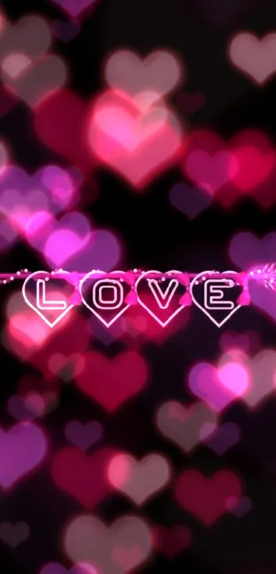 Neon love arrow wallpaper in pink on a black background.