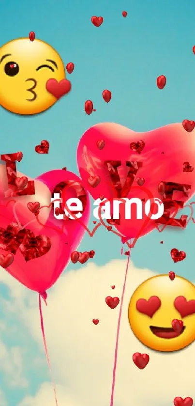 Romantic wallpaper with heart balloons and love emojis against a blue sky.