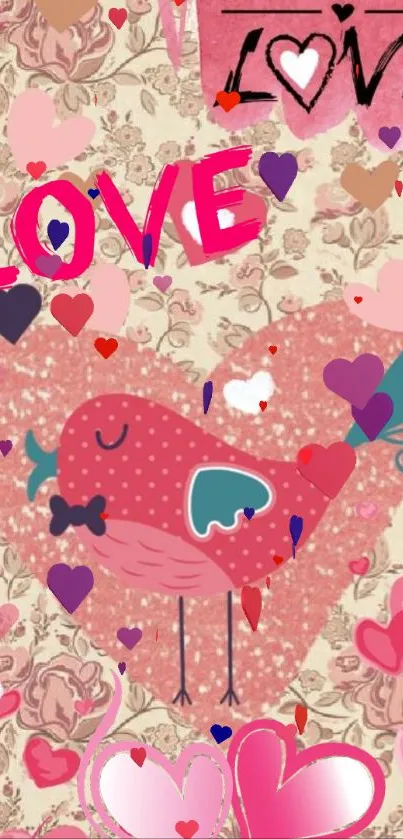 Pink bird with hearts on floral wallpaper background.