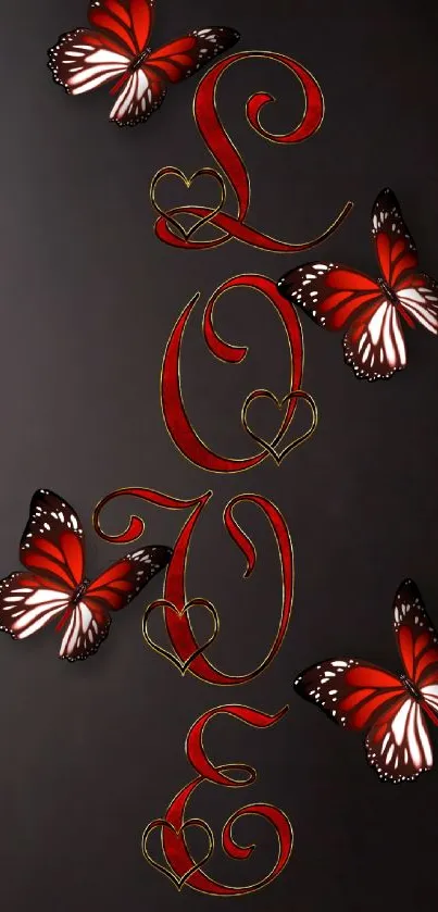 Dark wallpaper with red butterflies spelling 'Love'.