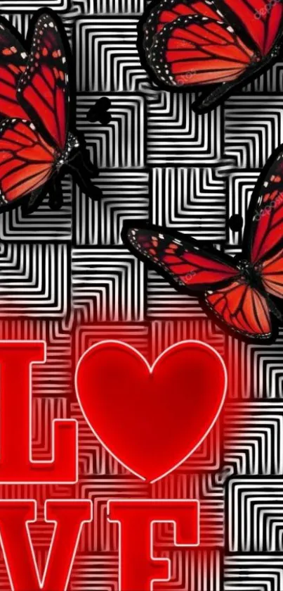 Red butterfly love pattern on geometric background.