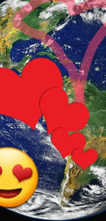 Earth wallpaper with red hearts and love emoji.