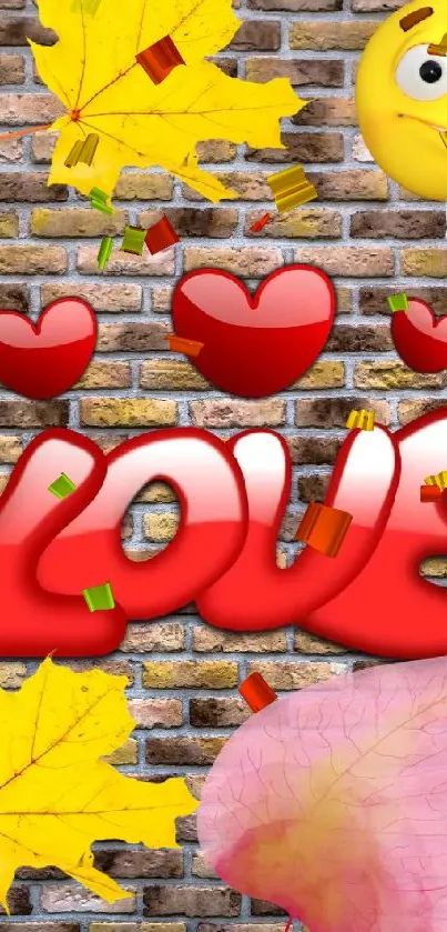 Love-themed wallpaper with emoji and leaves on a brick wall.