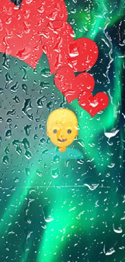 Emoji under aurora lights with heart symbols in a night sky.