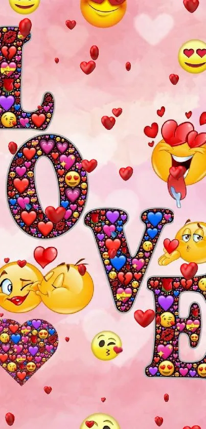 Vibrant love emoji wallpaper with colorful hearts on a pink background.