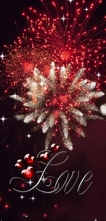 Fireworks and love text mobile wallpaper with red hearts and sparkles.