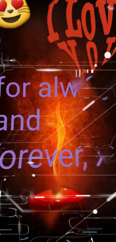 Romantic mobile wallpaper with a glowing orange flame and love text.