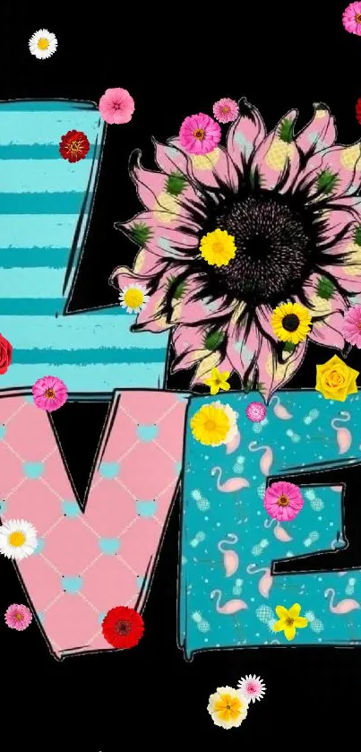 Love themed floral wallpaper with pink and turquoise letters.