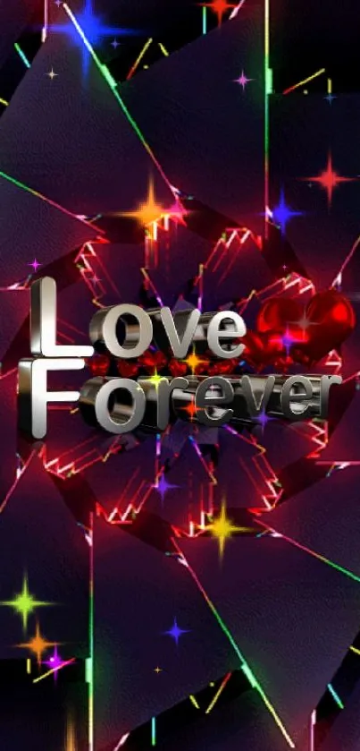 Vibrant neon geometric art with 'Love Forever' text.