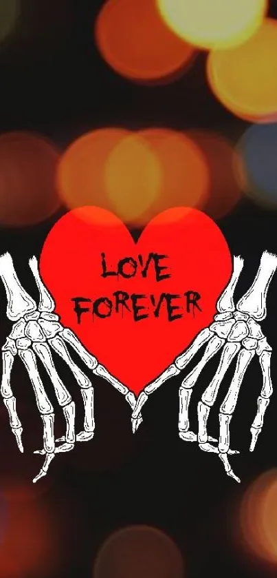 Skeleton hands hold heart with 'Love Forever' text on dark background.