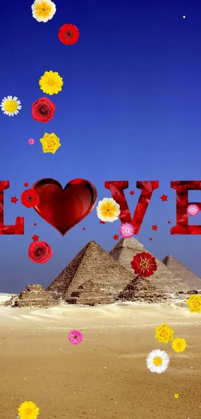 Love-themed Giza pyramids wallpaper with blue sky and heart design.