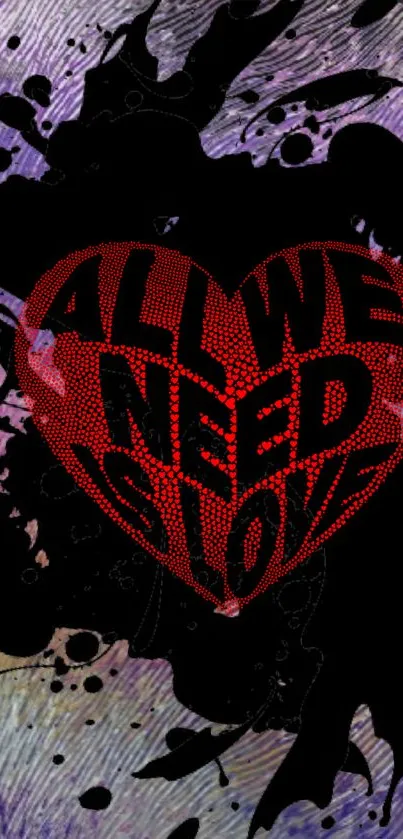 Heart-shaped text art mobile wallpaper with colorful splashes and 'All We Need is Love' message.
