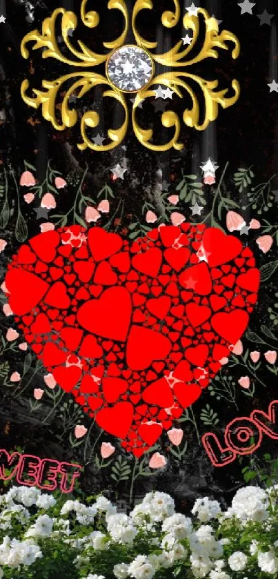 Artistic wallpaper with red heart and floral elements