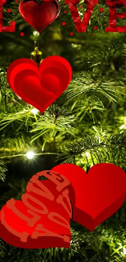 Festive red love hearts on Christmas tree.