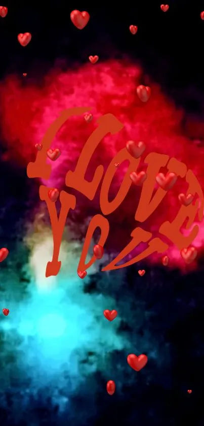 Colorful galaxy wallpaper with 'I Love You' text and floating red hearts.