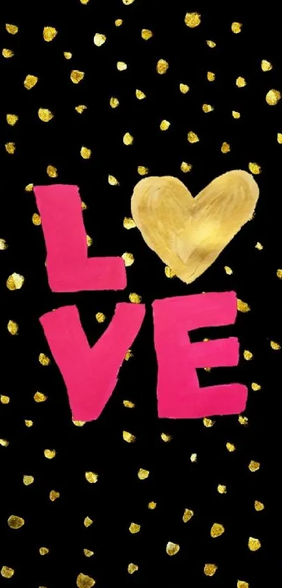 Bold pink love with gold heart on black with gold dots.