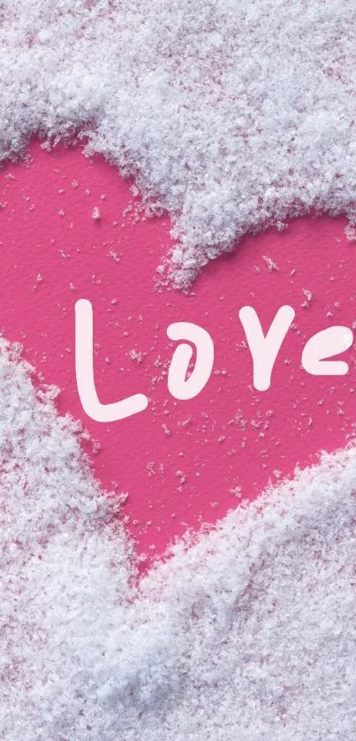 Pink heart with 'Love' text in snow background for mobile wallpaper.