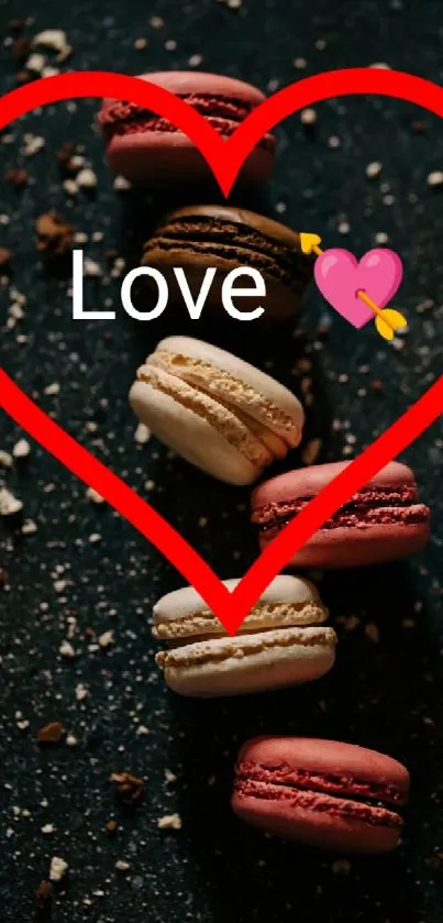 Love heart macaron wallpaper with dark background and sweet treats.