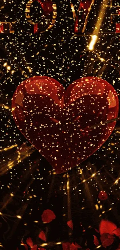 Romantic red heart wallpaper with glowing petals and the word Love.