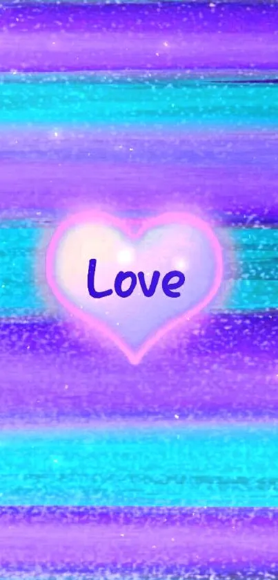 Vibrant wallpaper with a glowing love heart on purple and blue background.