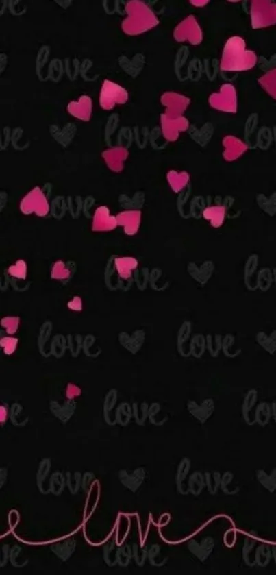 Mobile wallpaper with pink hearts on black background.