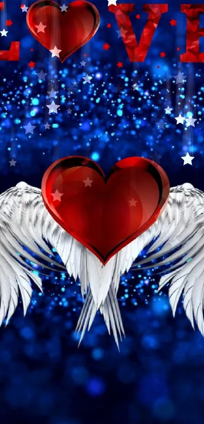 Red heart with wings on blue background.