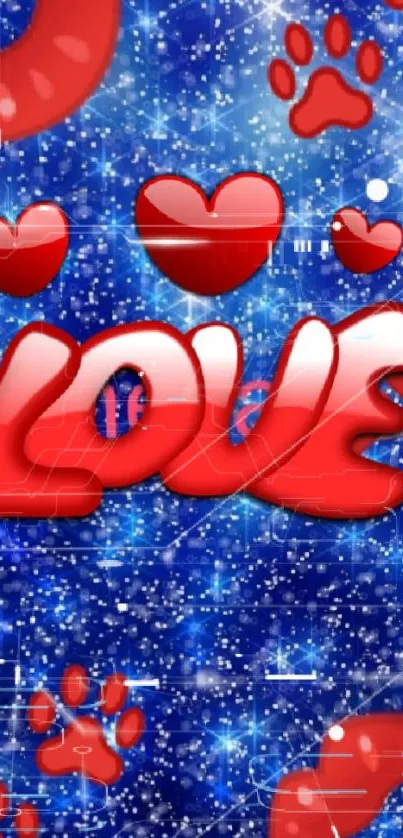 Red love text with hearts and paws on blue background.