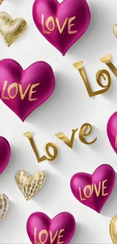 Pink and gold love hearts wallpaper with a romantic design.
