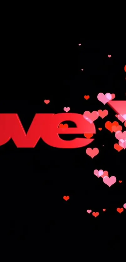 Romantic 'love' wallpaper with red and pink hearts on black background.