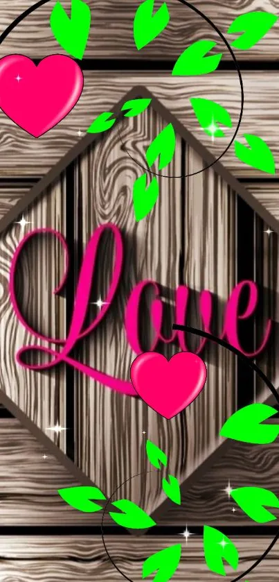 Love-themed wallpaper with pink hearts on a wooden background and green leaves.