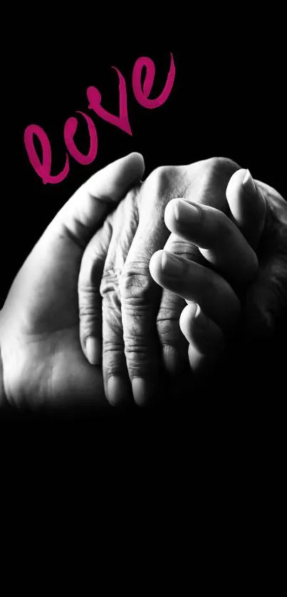 Black and white hands wallpaper with pink 'love' text.