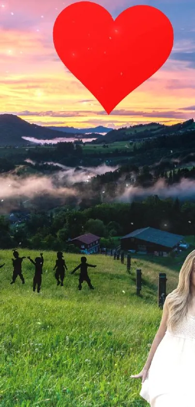 Romantic meadow with heart, sunset, grass, and people silhouettes.