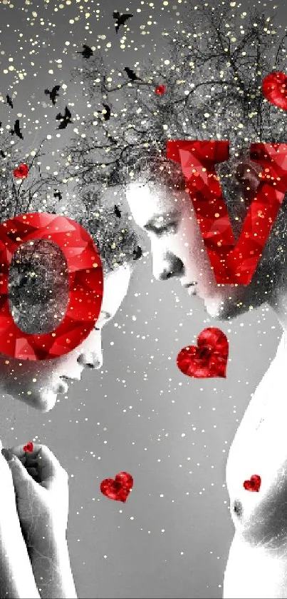 Artistic wallpaper with red hearts and love theme on grayscale backdrop.