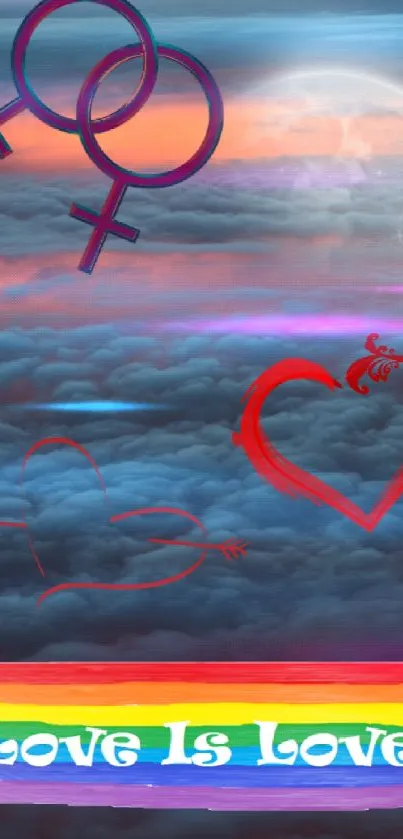 Colorful love themed cloud wallpaper with hearts.