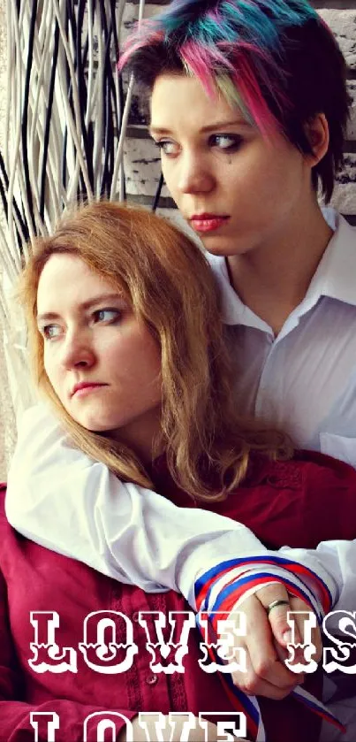 A loving couple with 'Love is Love' text on mobile wallpaper.