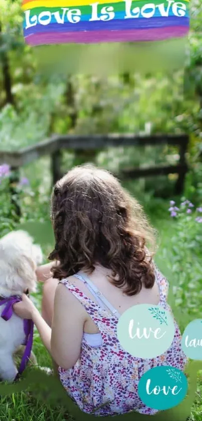 Child with dog in lush greenery, 'Love is Love' text.