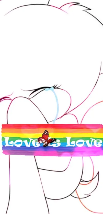 Line art with rainbow 'Love Is Love' banner and butterfly.