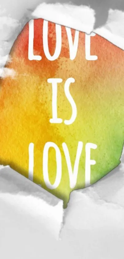 Love is Love wallpaper with vibrant rainbow and torn paper effect.