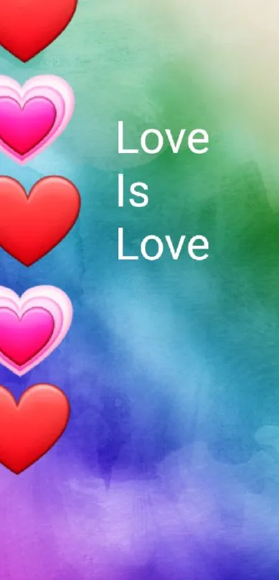 Vibrant rainbow wallpaper with hearts and 'Love is Love' text.