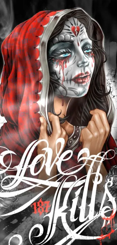 Gothic art wallpaper with red hooded figure and 'Love Kills' text.