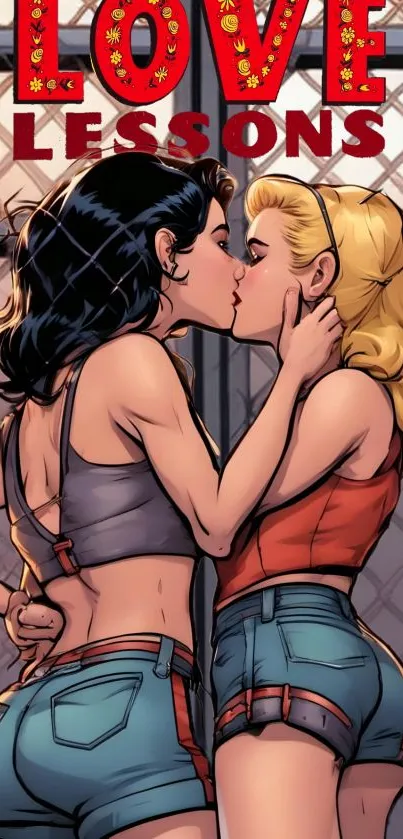 Comic illustration of two women sharing a kiss with "Love Lessons" text.