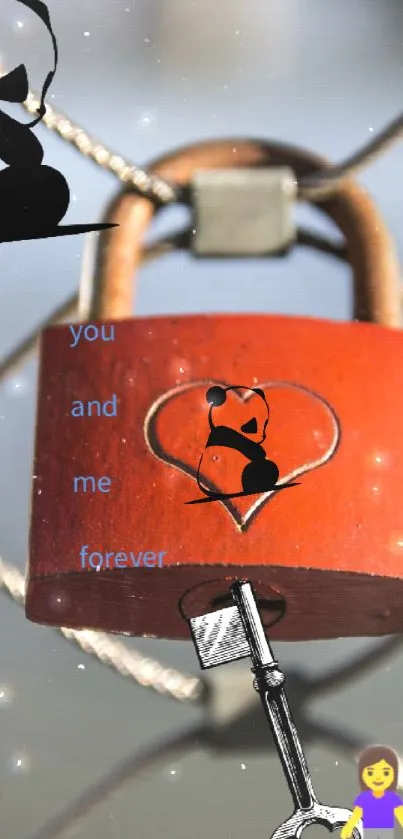 Red love lock with heart design and key symbol.