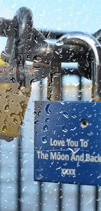 Blue love lock on a chain with romantic message by the waterfront.