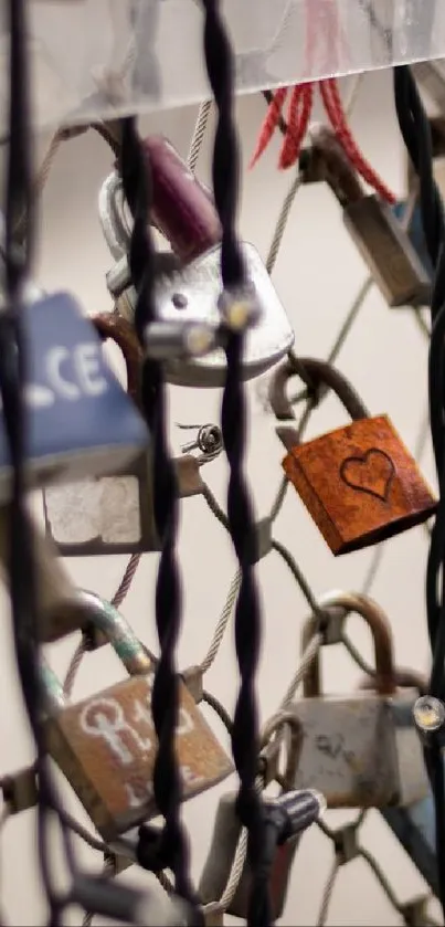 Love locks hang on a fence, symbolizing affection.