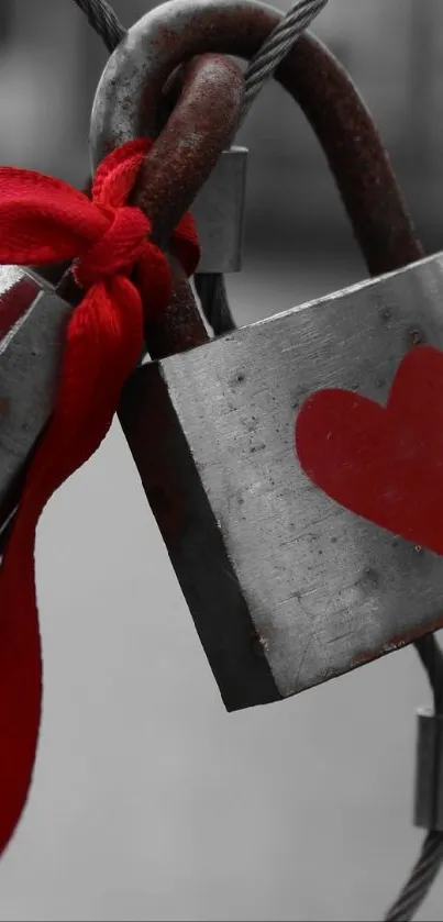 Love locks with red ribbon on steel cables, symbolizing eternal affection.