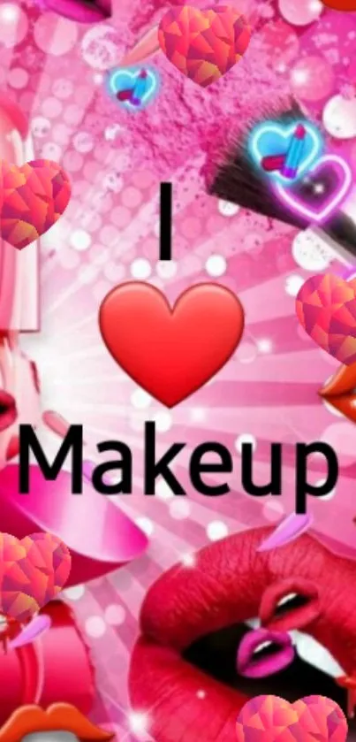 Bold pink wallpaper with 'I Love Makeup' lettering, hearts, and lips design.