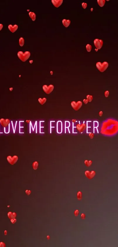 Love Me Forever neon text with kiss emoji on dark wallpaper.