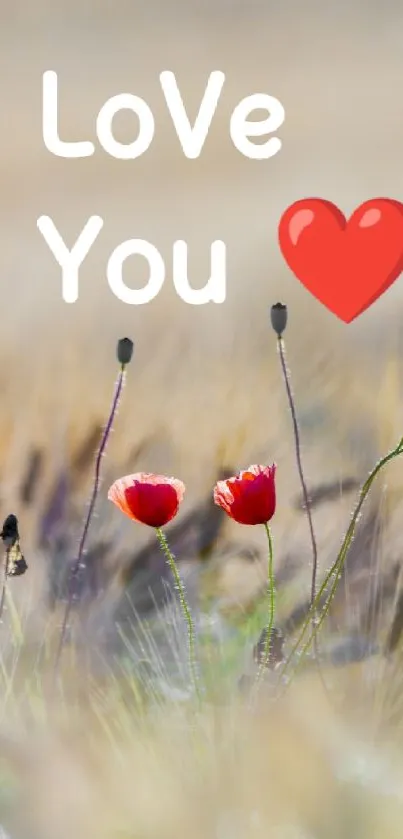 Love you message with red poppies and heart icon in nature setting.