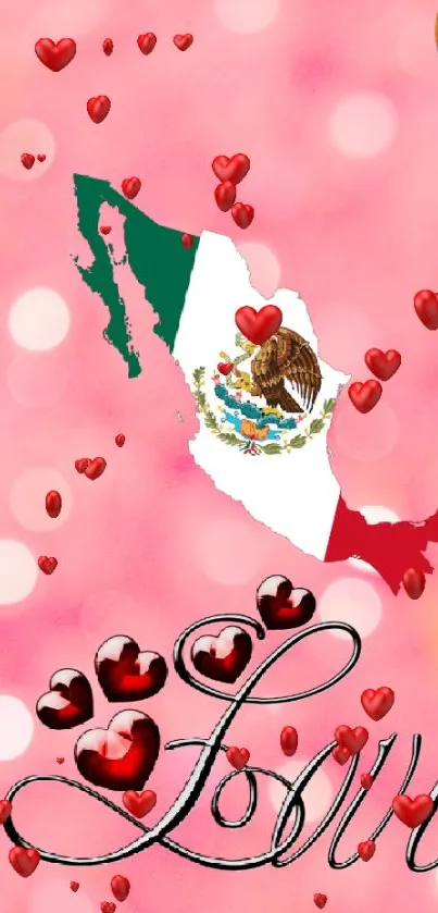 Love-themed wallpaper with Mexican map and hearts on pink.