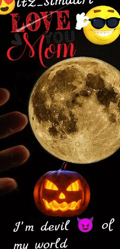 Mobile wallpaper with Halloween theme, moon, pumpkin, and love mom text.
